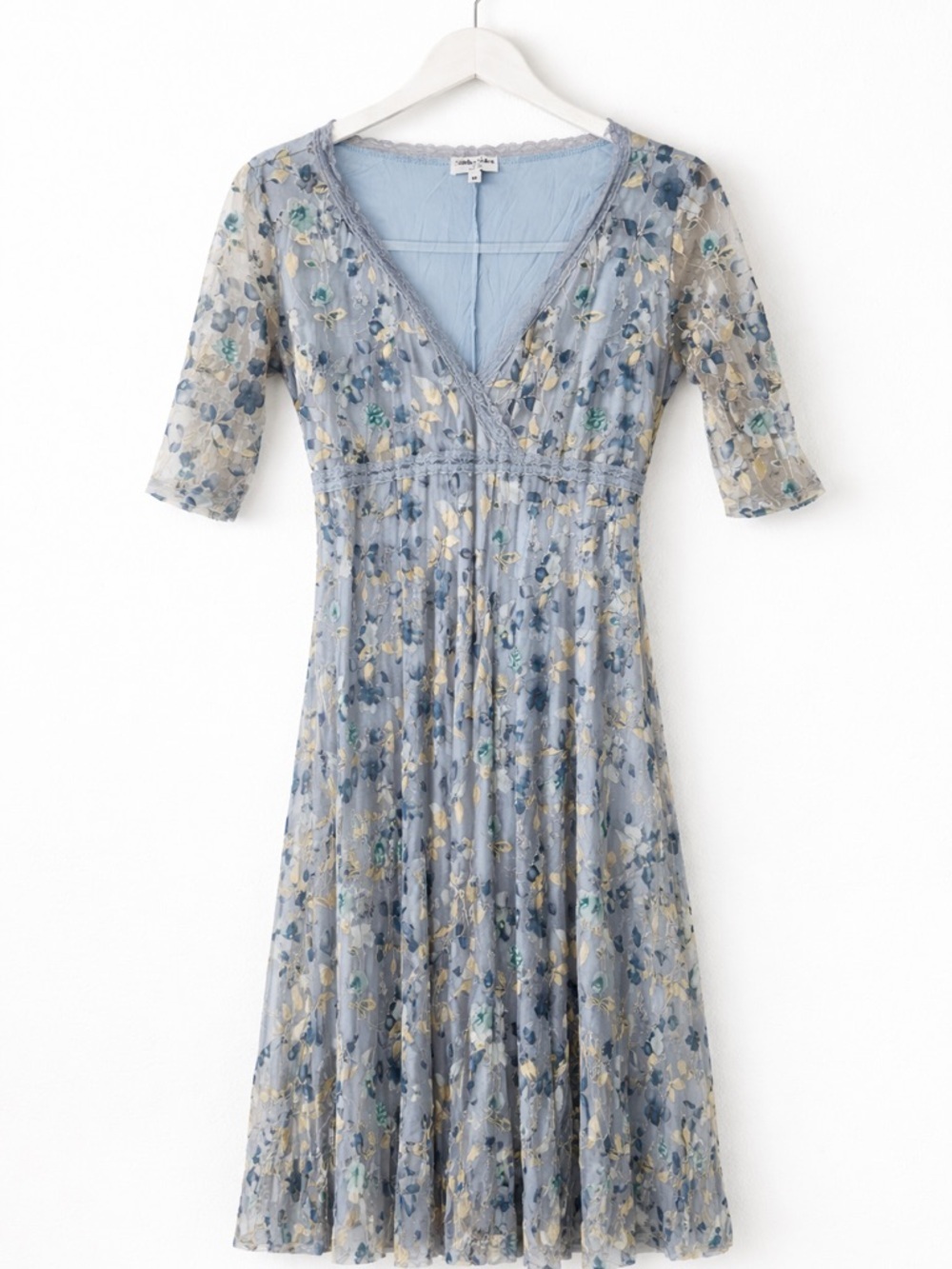 Vintage Y2K Blue Floral Embroidered Mesh Midi Dress Sz M Cottagecore Fairycore - Picture 2 of 11